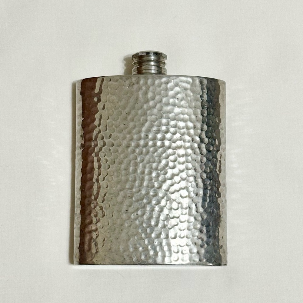 Vtg English Pewter Flask Made In Sheffield, England, Hammered Curved Shape 6oz